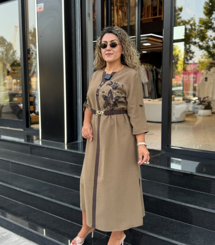 Fustan Midi Kafe me Rrip në Bel